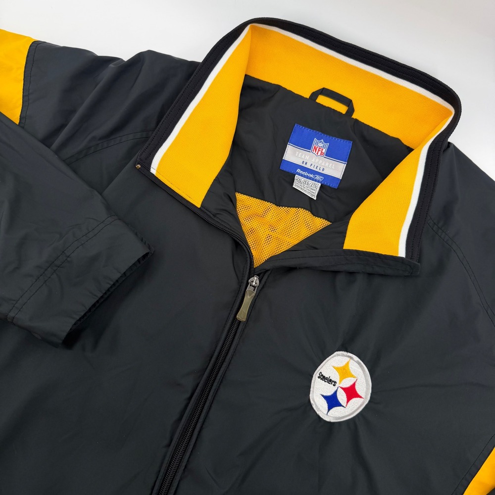 Reebok Windbreaker Jacket Men 2XL Black Y2K Pittsburgh Steelers NFL On Field Zip